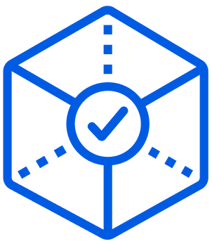 Blue outline of a 3D cube with a checkmark inside a circle at the center